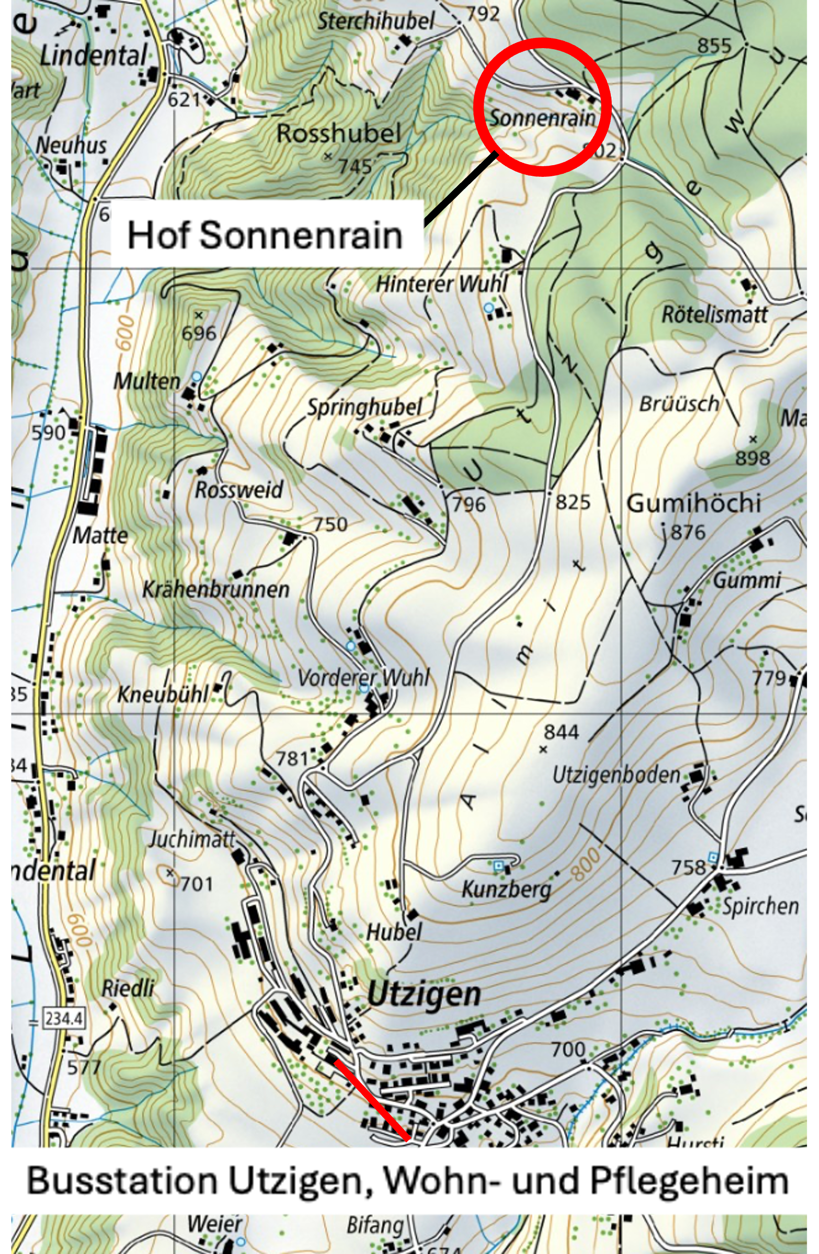 Karte zur Erreichbarkeit des Hofs Sonnenrain